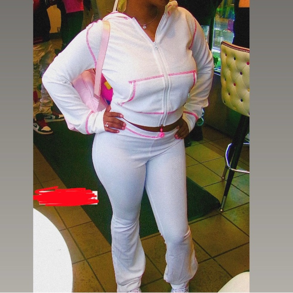 White two piece pink stitched zip up set